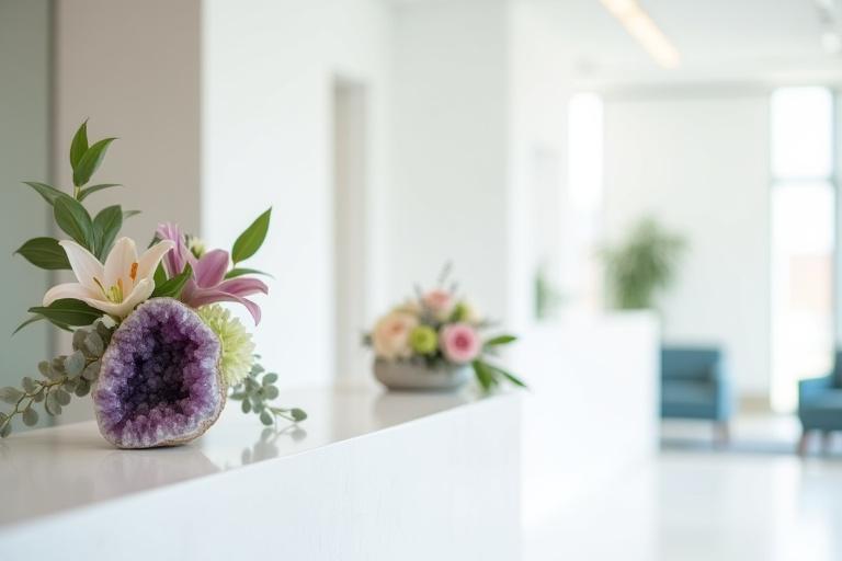 Ein elegantes Blumenarrangement auf einem modernen Empfangstresen, mit einem dezent platzierten Amethyst-Kristall