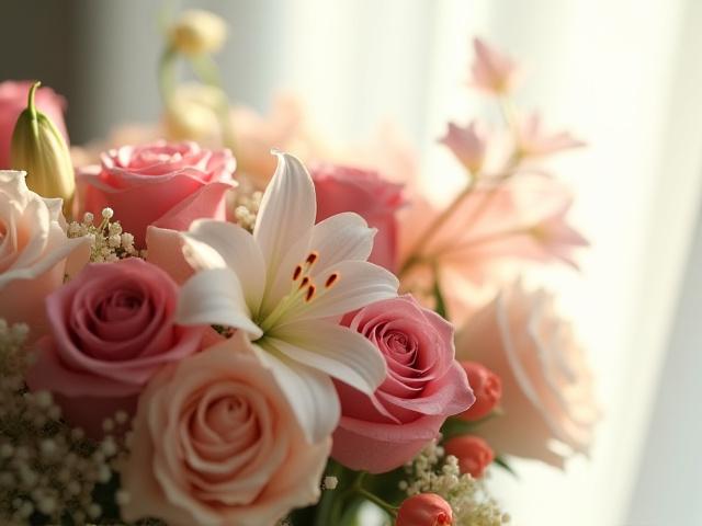 Eine elegante Komposition aus verschiedenen Blumen, die für ihre symbolischen Bedeutungen bekannt sind.